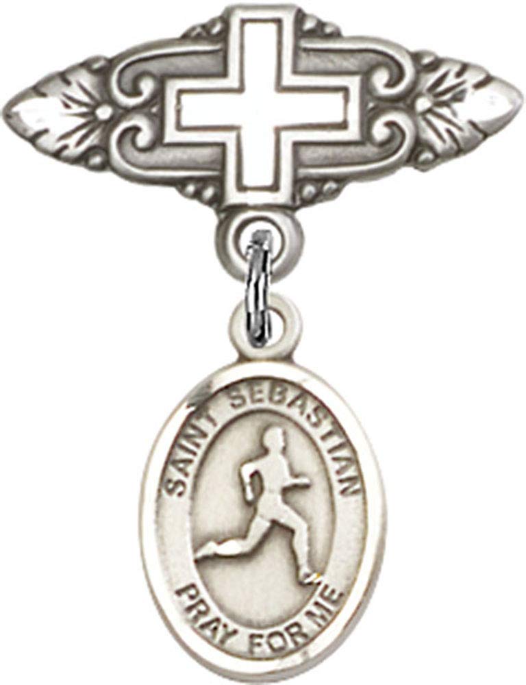 Sterling Silver St. Sebastian Track & Field Baby Badge Pin with Cross Charm - Handmade in USA - Perfect for Baptism Gifts, Christening Jewelry & Sports Team Souvenirs