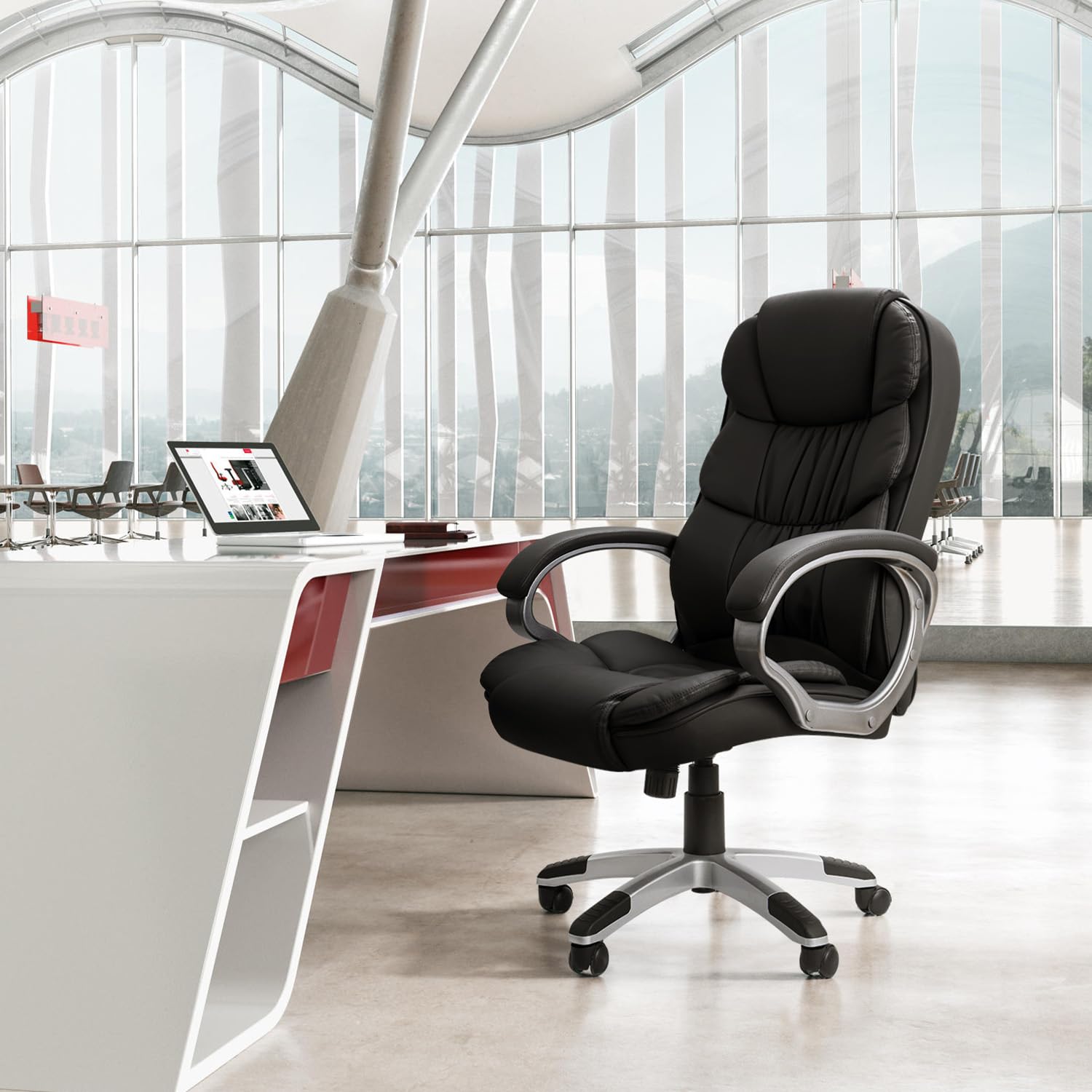 GUNJI Ergonomic Office Chair - High Back PU Leather Executive Desk Chair with Adjustable Height, Swivel & Lumbar Support - Modern Computer Chair for Home & Office Workspace (Black)