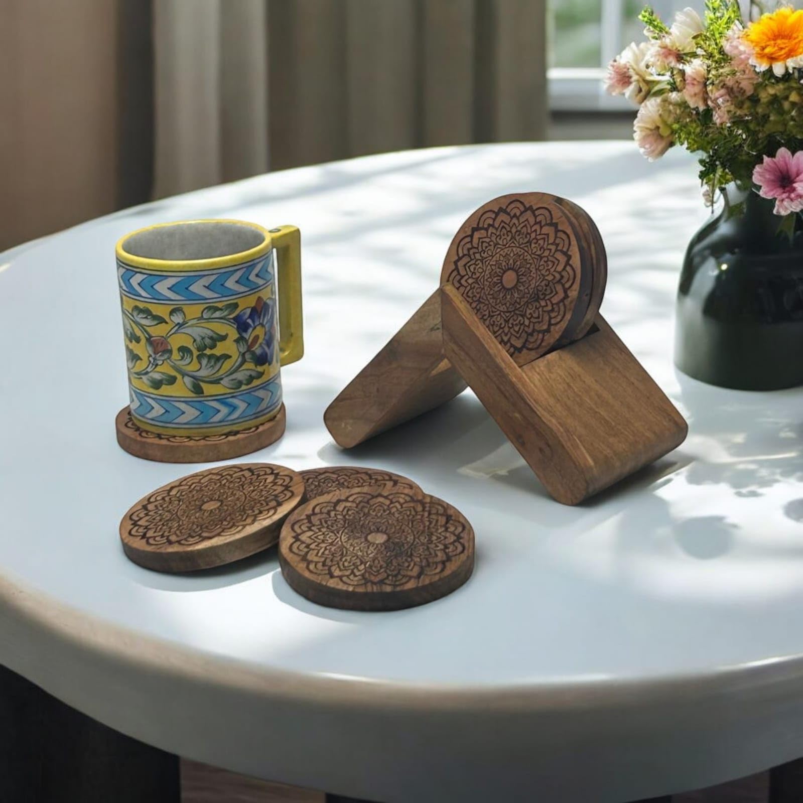 Set of 6 Floral Wooden Tea Coasters with Stand - Heat Resistant Round Coasters for Dining Table (3.75 x 3.75 inches) - Perfect for Tea Cups, Coffee Mugs & Glasses - Elegant Home Decor for Tea Parties & Coffee Breaks