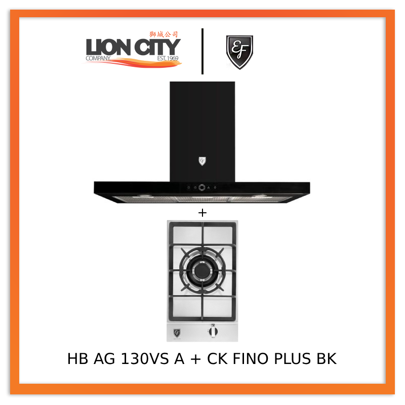 EF 90cm Chimney Hood CK FINO PLUS BK & EF HB AG 130VS A 30cm Built-in Stainless Steel Gas Hob - Modern Kitchen Ventilation & Cooking Solution for Home Chefs