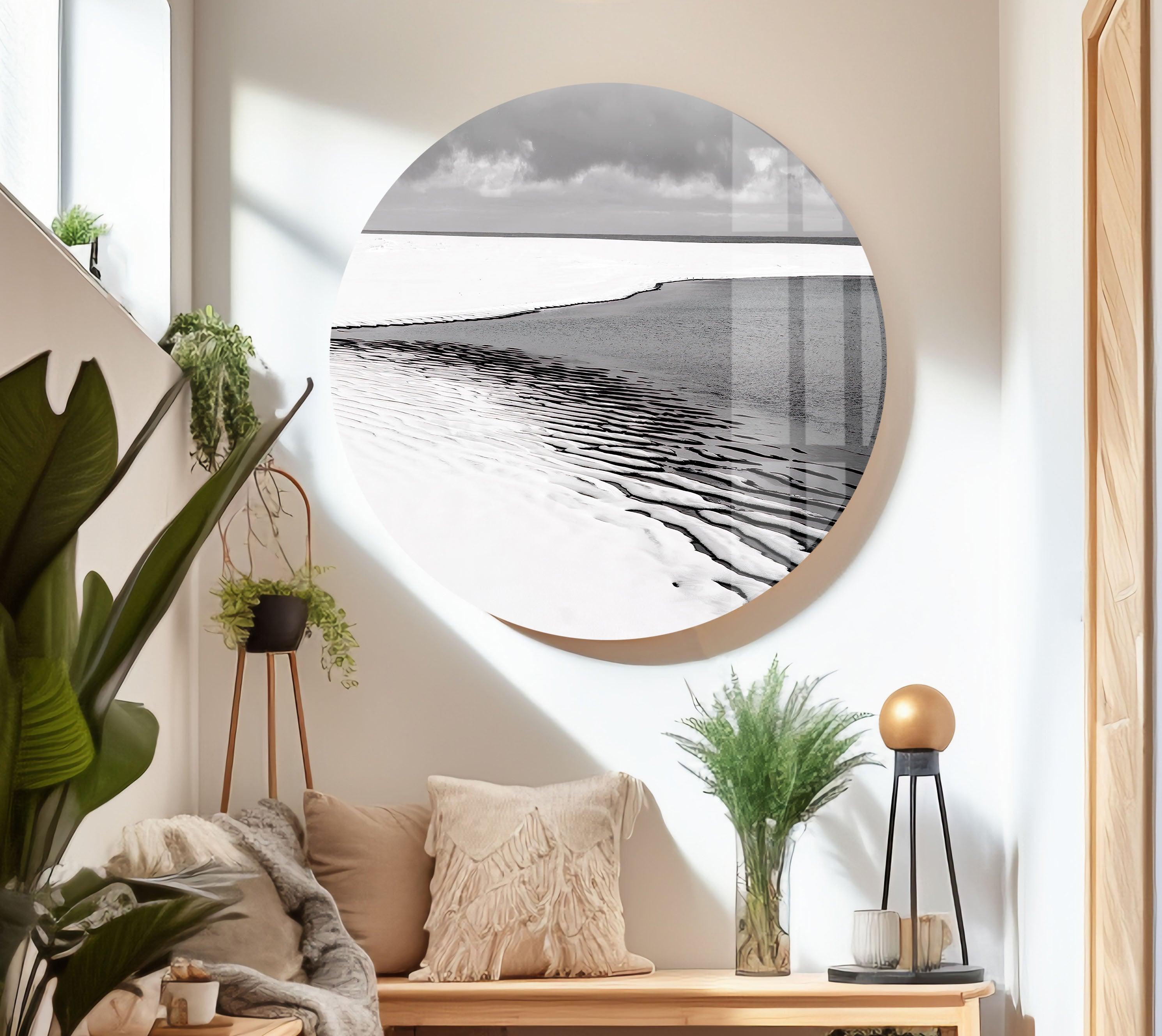 Black and White Seascape Wall Art - Minimalist Ocean View Glass Painting for Living Room, Bedroom & Office Decor