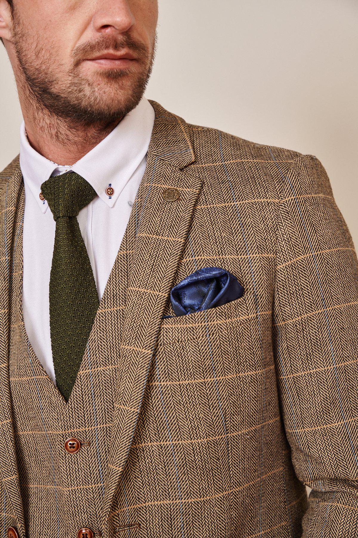 Lukasz Fabianski Style TED Tan Tweed Check Three Piece Suit | Premium Wool Blend Men's Formal Suit | Perfect for Weddings, Business Meetings & Special Occasions