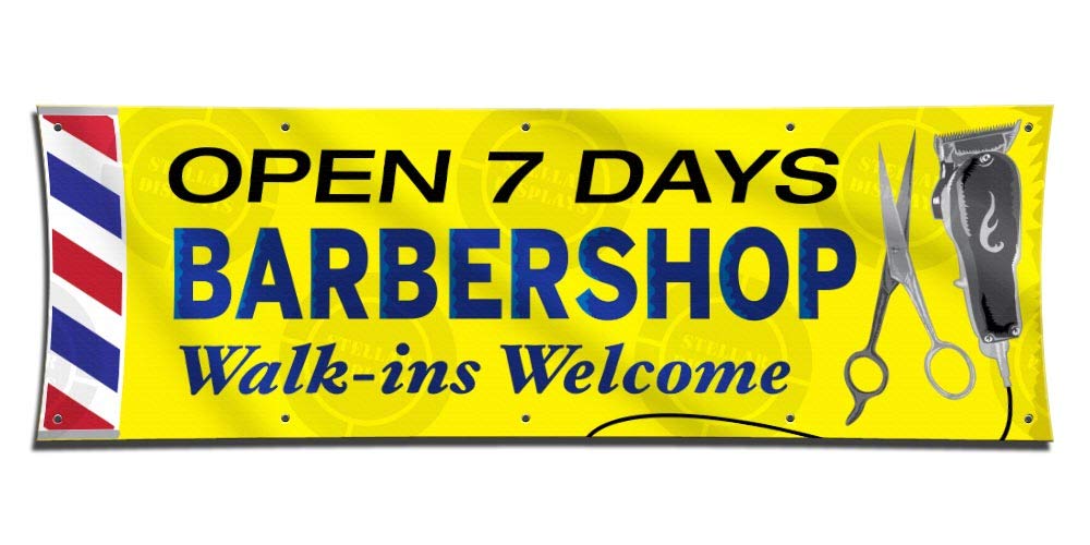 3ft x 9ft Open 7 Days Barbershop Walk-Ins Welcome Banner - Salon Business Sign for Barber Shops, Beauty Boutiques & Hair Salons - Perfect for Storefront Windows & Reception Areas