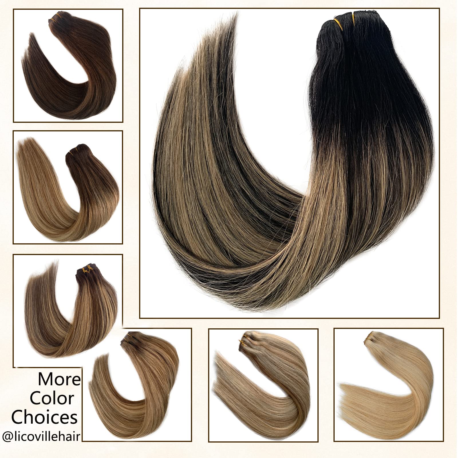 Licoville 4PCS Clip-in Human Hair Extensions 16 Inch - 100G Thick Straight Blonde Ombre Balayage (Black to Caramel Blonde) - Real Remy Hair for Thin Hair - Natural Look & Invisible Lace Clips - Perfect for Daily Wear, Parties & Special Occasions