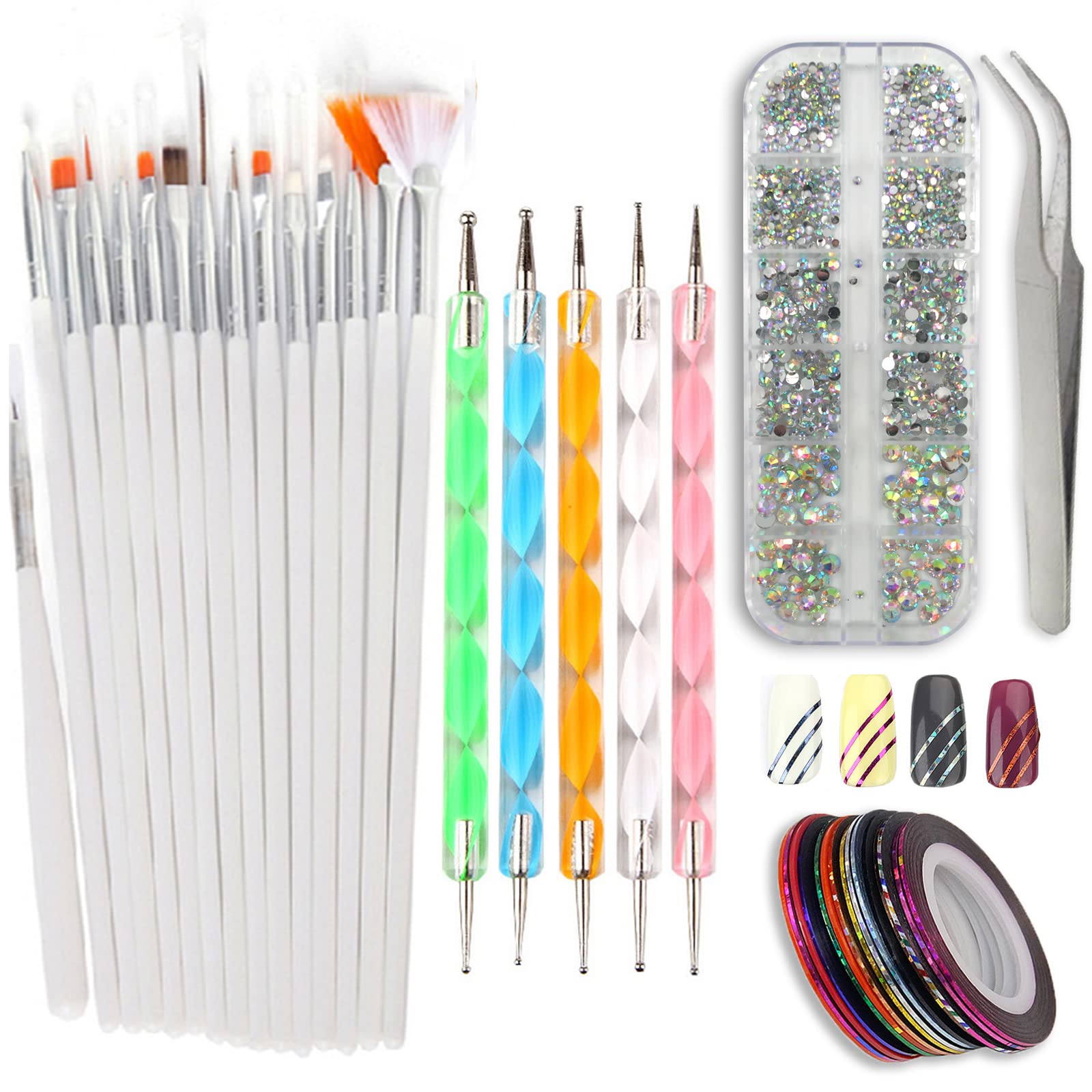 Professional Nail Art Brush Pen Kit - AB Rhinestone UV Gel Building, Drawing, Lining Brushes Set with Dotting Pens & Manicure Tape - Perfect for DIY Nail Designs at Home or Salon (Women & Girls)