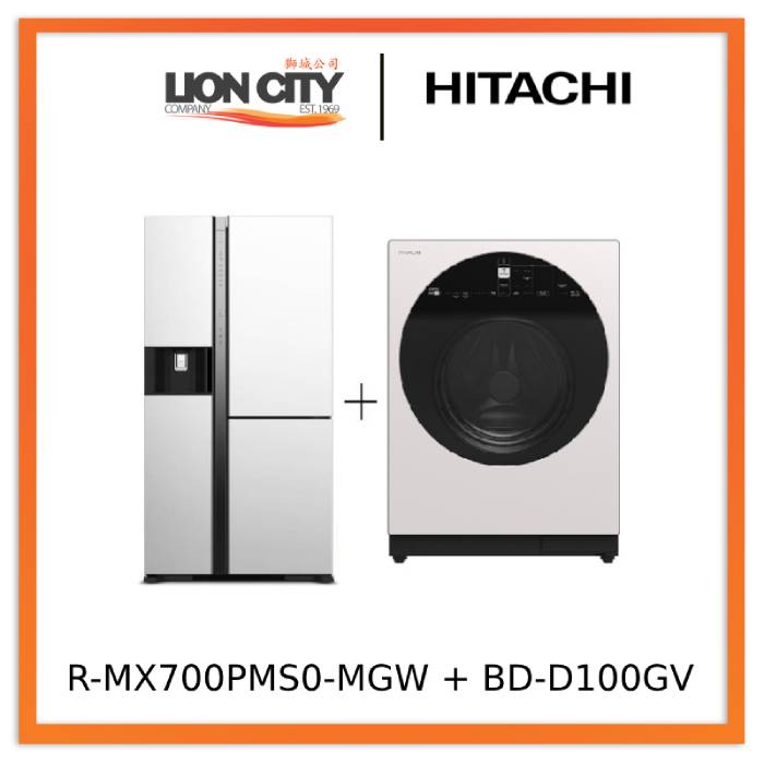 Hitachi R-MX700PMS0 MGW 569L Side by Side Refrigerator with BD-D100GV 10/7KG Front Load Washer Dryer Combo - AI Wash Inverter Technology | Perfect for Large Family Homes & Modern Kitchens