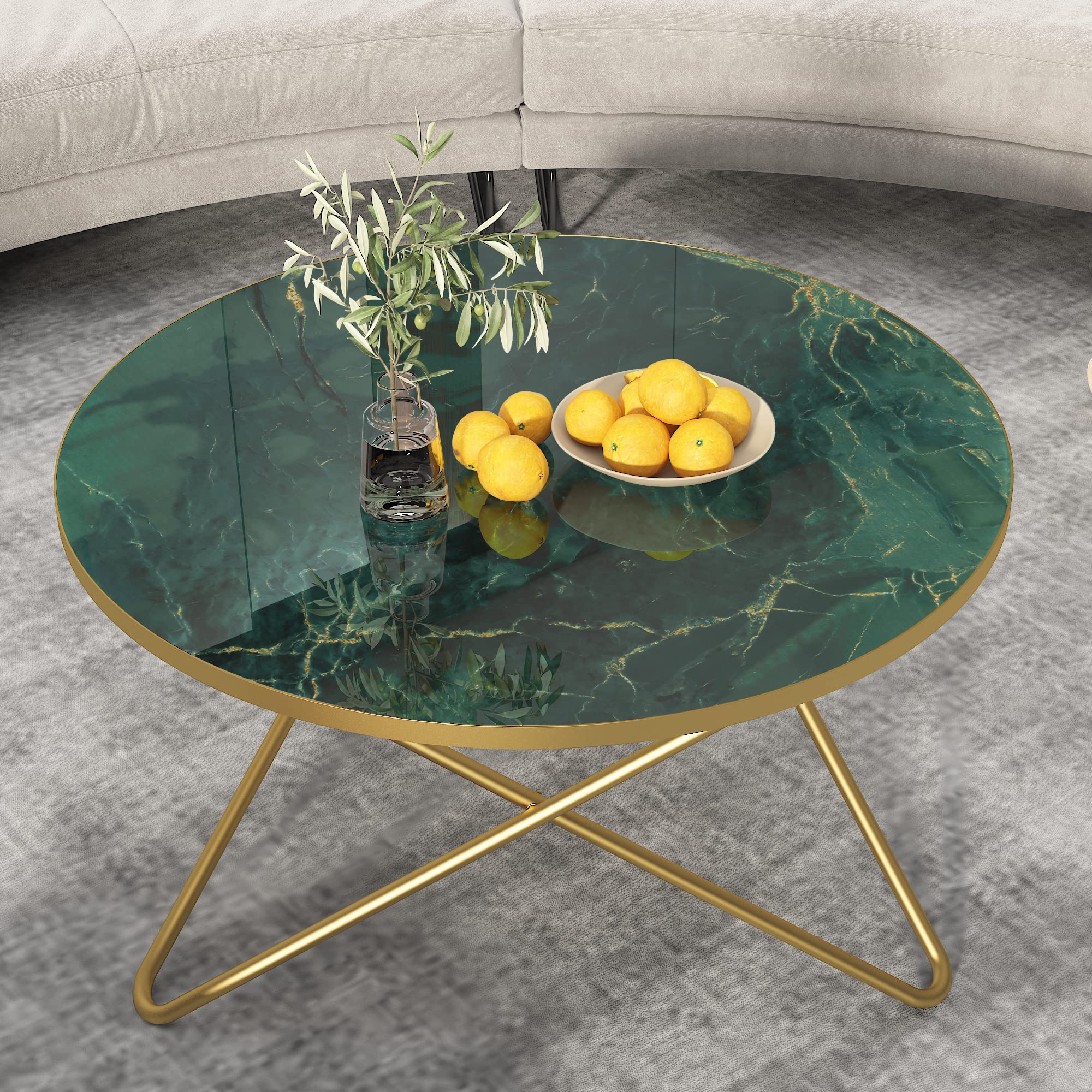 Round Coffee Table with Green Faux Marble Top - Modern Living Room Centerpiece for Small Spaces & Apartments