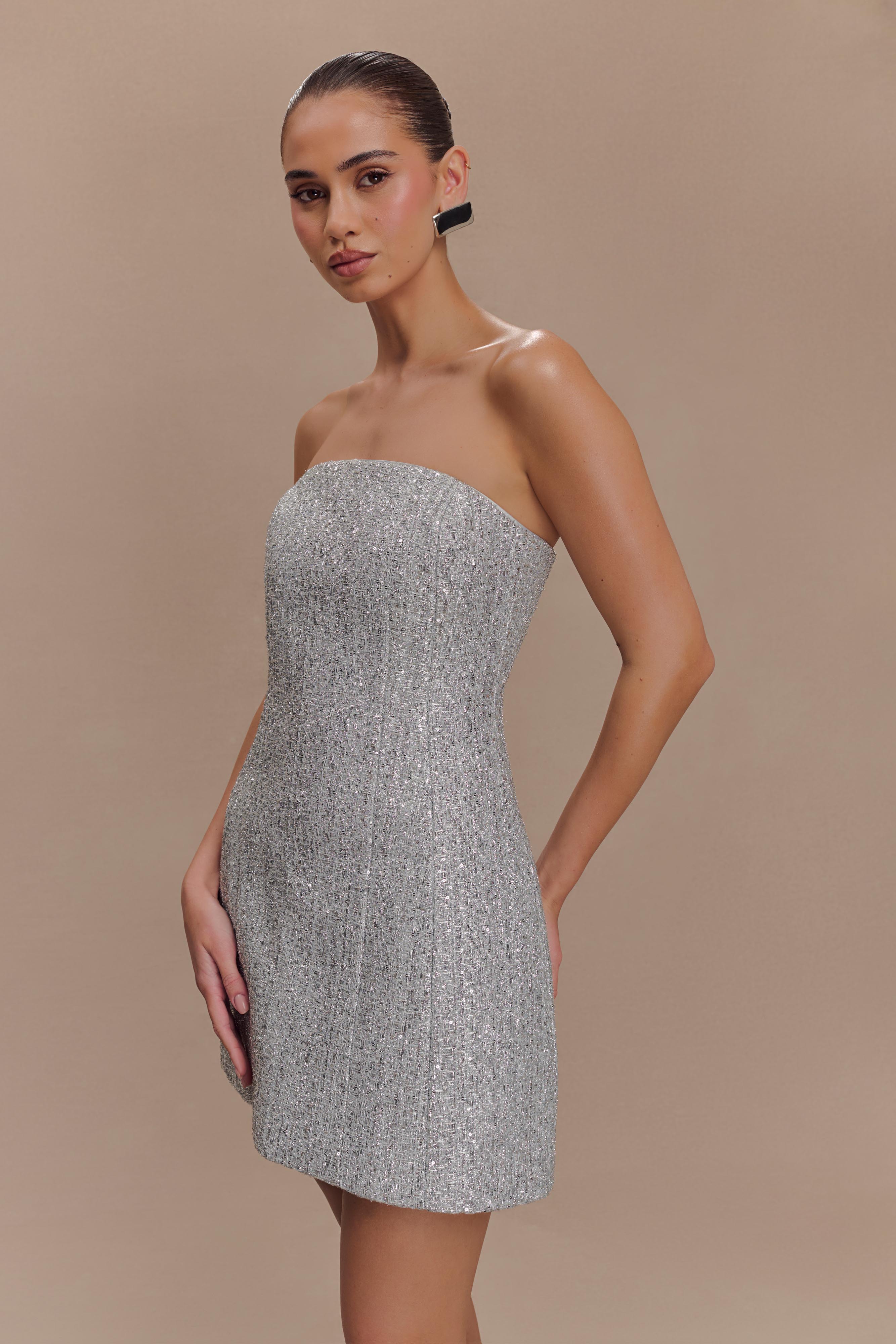 Gala Strapless Tweed Mini Dress in Silver - Elegant Party Cocktail Dress for Women | Perfect for Evening Events, Weddings & Night Out