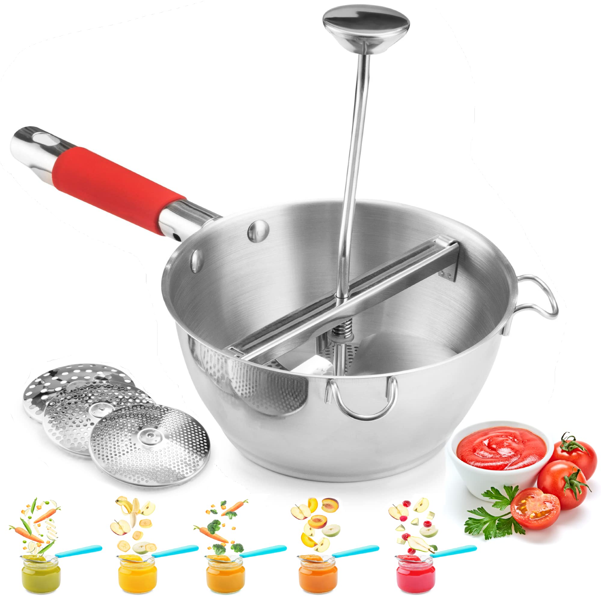 Stainless Steel Food Mill with 3 Grinder Discs - Hand Crank Grain Mill for Mashing Potatoes, Straining Fruits & Vegetables - Perfect for Baby Food, Purees & Homemade Sauces - Bezrat (Red)