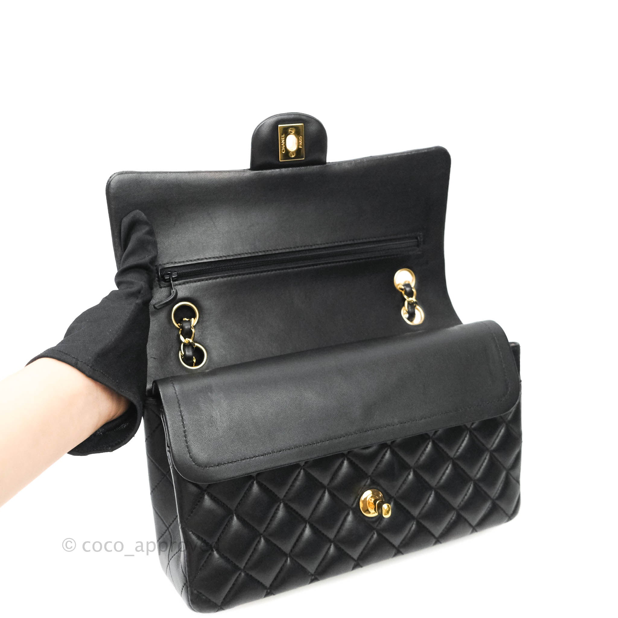 Chanel Classic Medium Double Flap Bag Black Lambskin Gold Hardware - Luxury Designer Handbag for Women, Perfect for Evening Events & Special Occasions