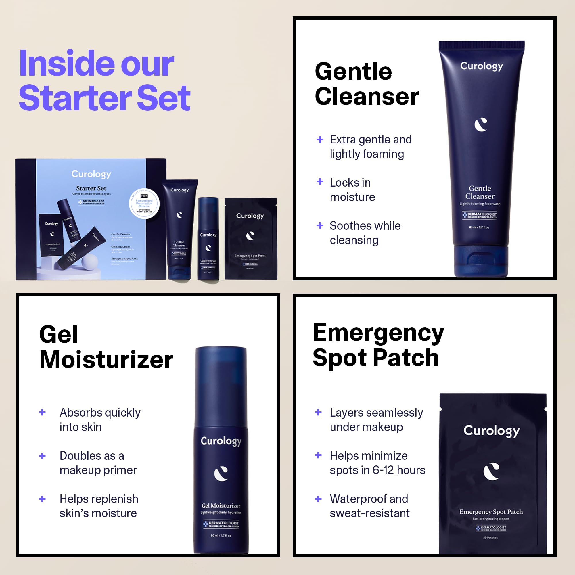 Curology Skin Care Starter Set & Lip Balm Bundle - Gentle Essentials Kit with Pimple Patches, Daily Facial Cleanser, Face Moisturizer | Acne Treatment & Hydration for Clear, Glowing Skin | Perfect for Daily Skincare Routine & Travel
