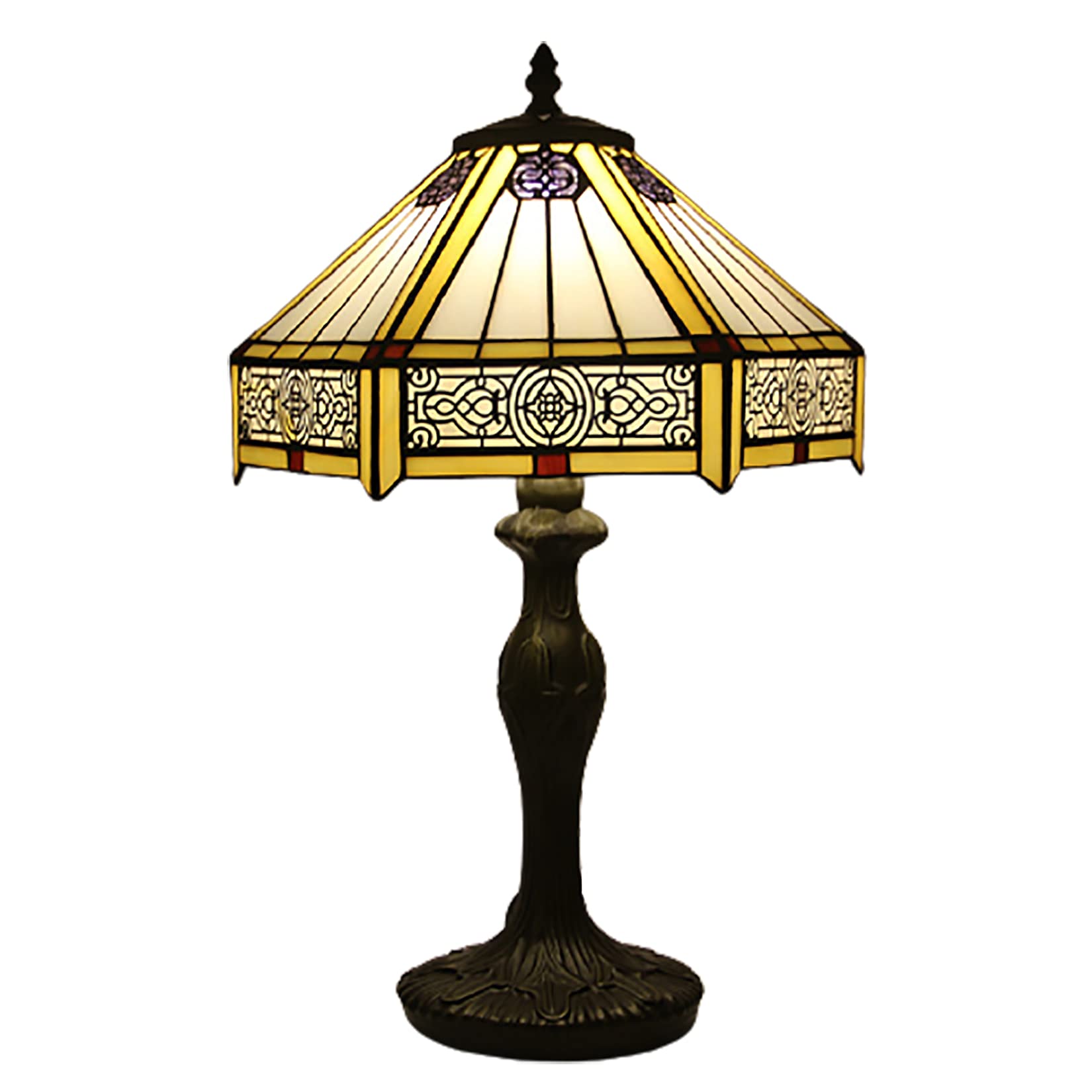 Tiffany Style Table Lamp - Yellow & White Stained Glass Hexagon Mission Lamp with Industrial Farmhouse Metal Base - Perfect for Living Room, Bedside, Office or Study Desk Decor