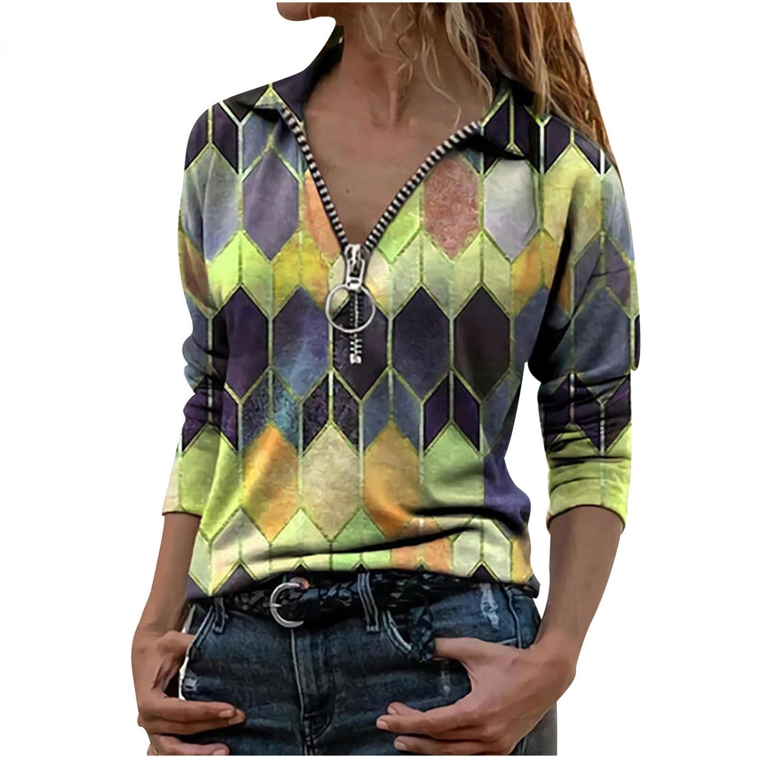 Women's Long Sleeve Henley Shirt - Geometric Print Half Zip Pullover Blouse for Casual Wear | Work, Weekend & Outdoor Activities