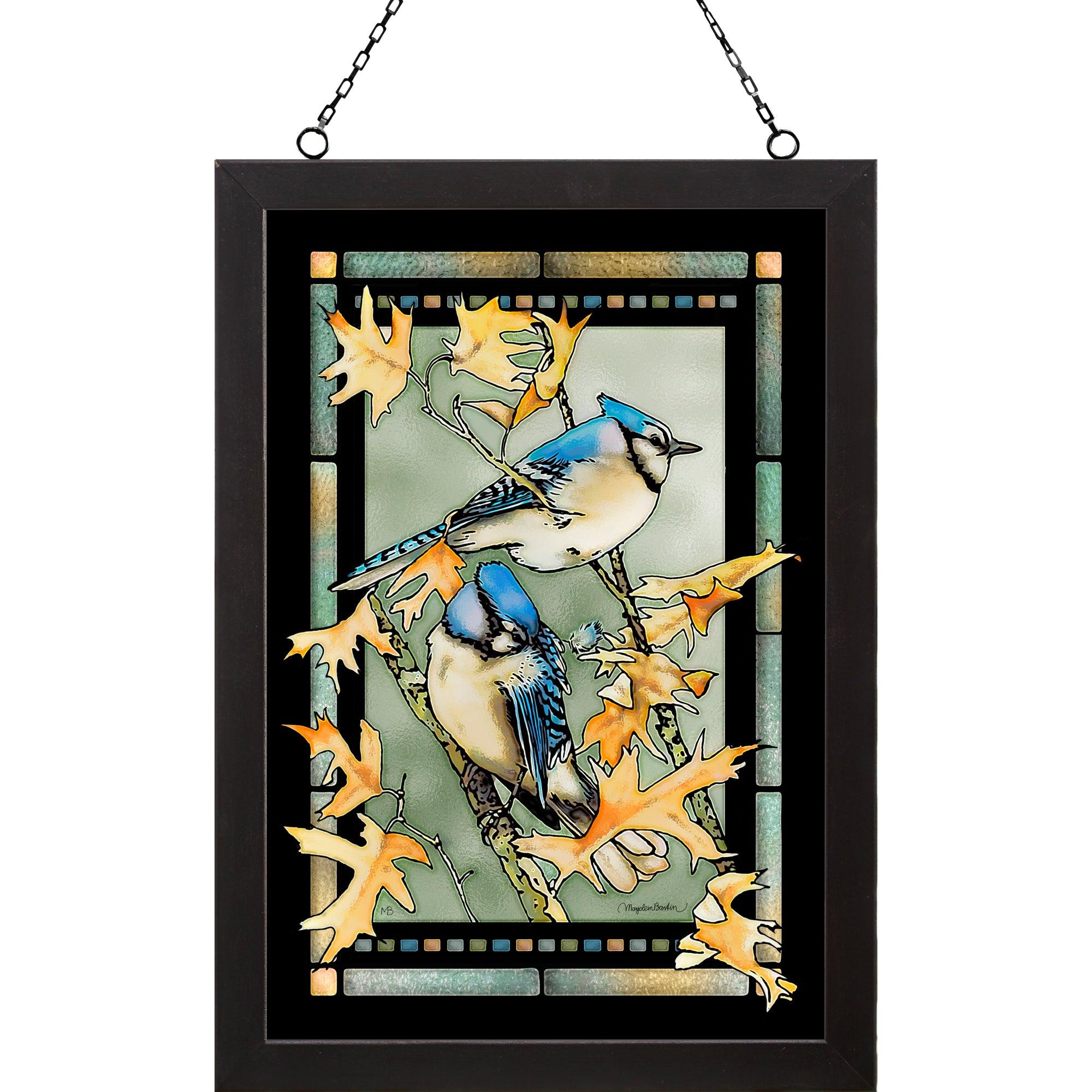 Bluejays 20 x 14 Stained Glass Art Panel - Handcrafted Blue Jay Bird Window Decor for Home, Church & Garden - Perfect Gift for Nature Lovers & Bird Watchers