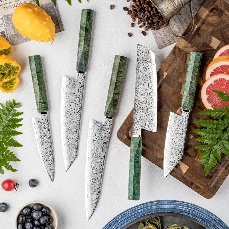 Premium 5-Piece Japanese Damascus Steel Knife Set - VG-10 Core, 67-Layer Mosaic Pattern & Exotic Maple Burl Wood Handle - Professional Chef Knives for Sushi, Meat Cutting & Kitchen Prep