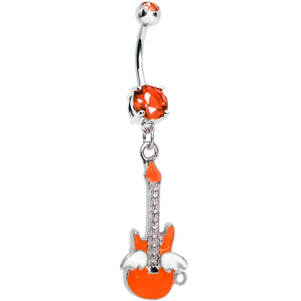 Body Candy Double Orange Goddess of Rock Neon Guitar Dangle Belly Ring - Trendy Navel Piercing Jewelry for Concerts & Music Festivals