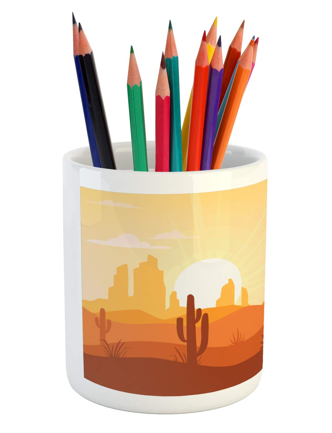 Ceramic Pencil Holder - Western Desert Cactus Cartoon Design, 3.6x3.2 Inch Orange Office Desk Organizer | Perfect for Home Office, School Supplies & Western Theme Decor
