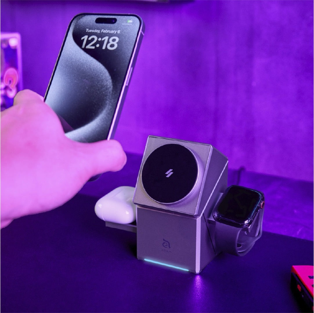 Adam Elements QUBE Qi2 Magsafe 3-in-1 Wireless Charging Stand (Silver) - Fast Charging for iPhone, AirPods & Apple Watch | Perfect for Home, Office & Travel