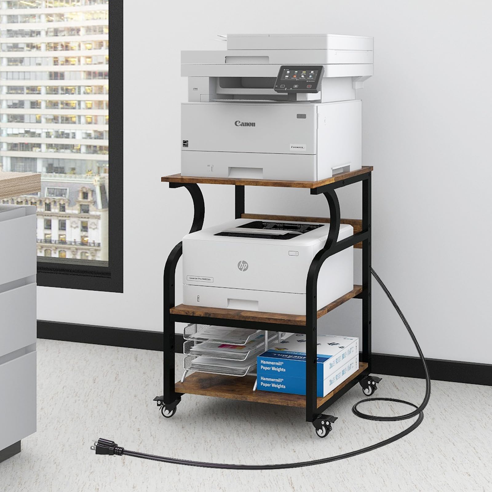 Natwind Large Printer Stand - 24''x20''x29'' Adjustable Rolling Cart with 3-Tier Storage Shelves & Wheels for Home Office, Heat Press, 3D Printer - Retro Style Workspace Organizer (Perfect for Small Spaces & Craft Rooms)