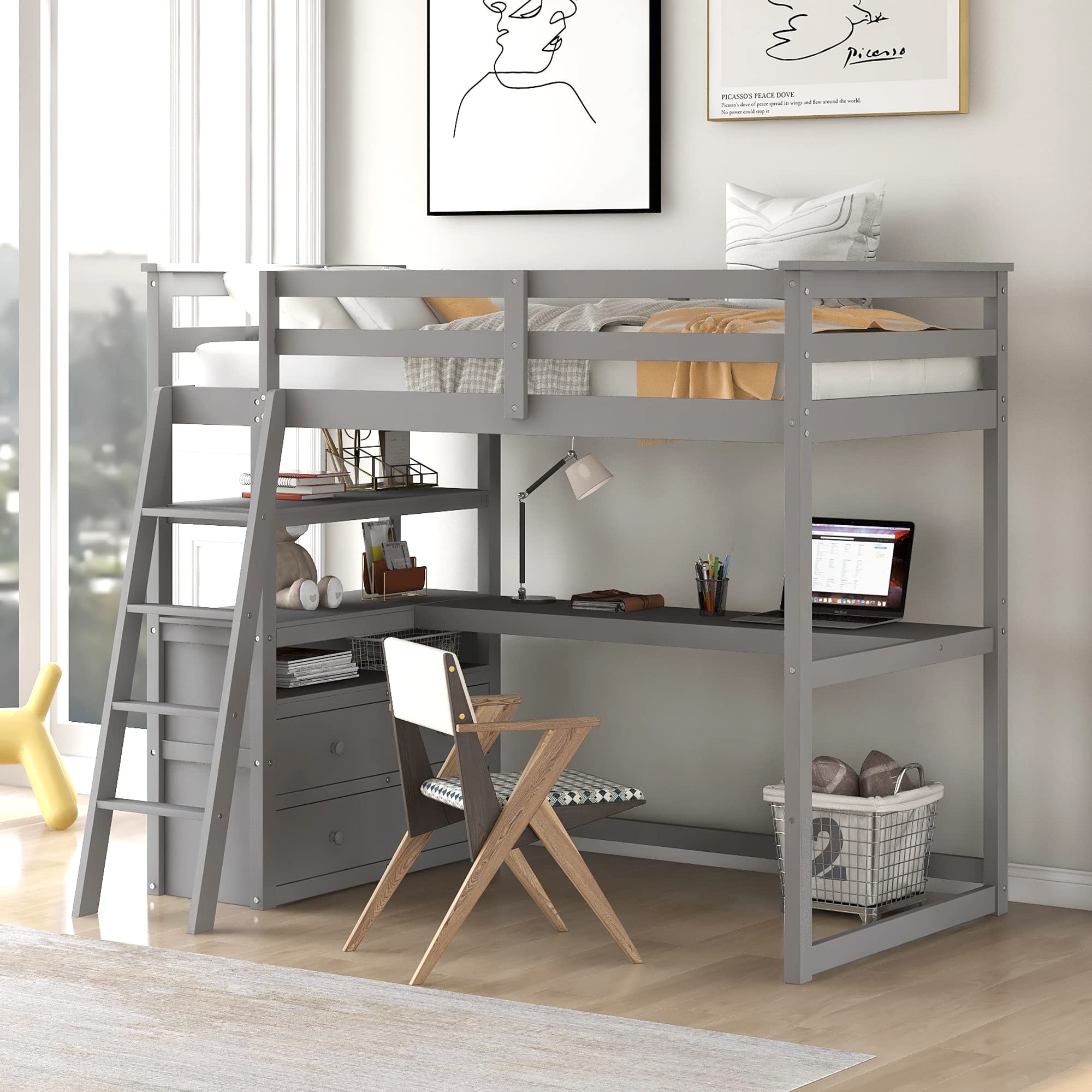 Harper & Bright Designs Twin Size Loft Bed with Desk & Shelves for Kids - Space Saving Study Bed with 2 Built-in Drawers, Gray - Perfect for Small Bedrooms, Dorm Rooms & Kids Study Areas
