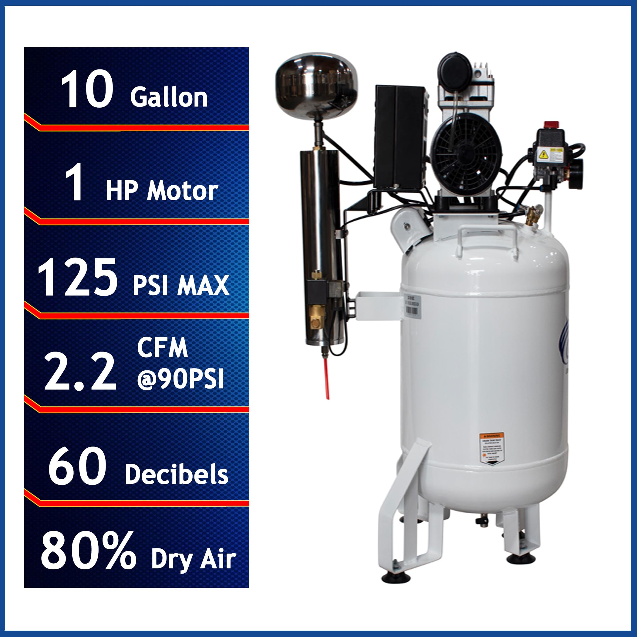 California Air Tools 10010DC Ultra Quiet & Oil-Free 1.0 HP 10-Gallon Steel Tank Air Compressor with Air Drying System - White | Perfect for Home Workshops, DIY Projects & Professional Use