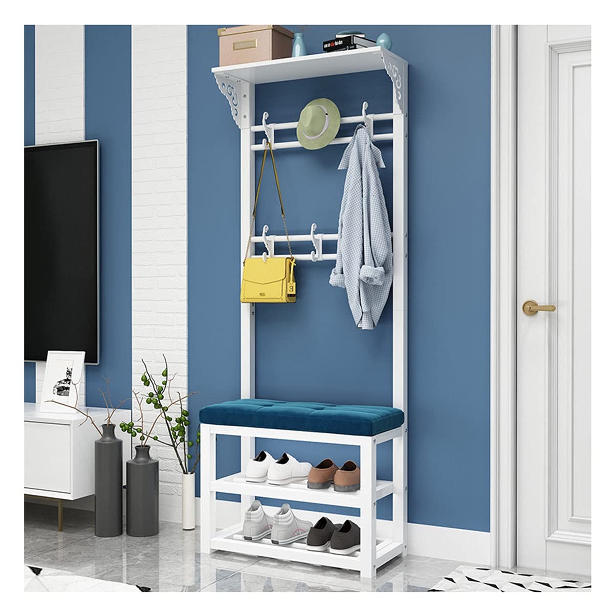 LLLD 3-in-1 Entryway Organizer - Coat Rack with 2-Tier Shoe Storage Bench & Double Hooks - Space Saving Hall Tree for Bedroom, Living Room, Foyer | Perfect for Small Spaces, Apartment Entryways & Mudroom Organization