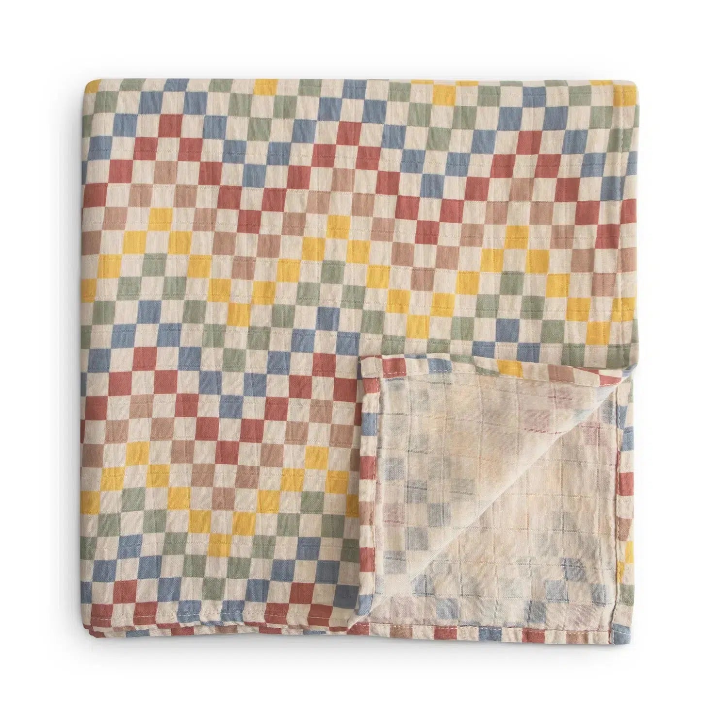 Mushie Organic Cotton Muslin Swaddle Blanket - Soft Baby Wrap for Newborns & Infants - Retro Check Design - Perfect for Swaddling, Nursing & Stroller Use