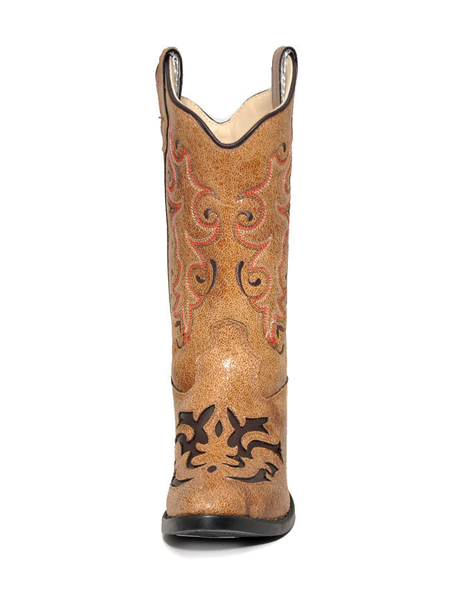 Old West VJ9113 Girls Cowgirl Boots - Round Toe Western Boots with Inlay Design, Tan Leather - Perfect for Rodeo, Country Dance & Western Fashion