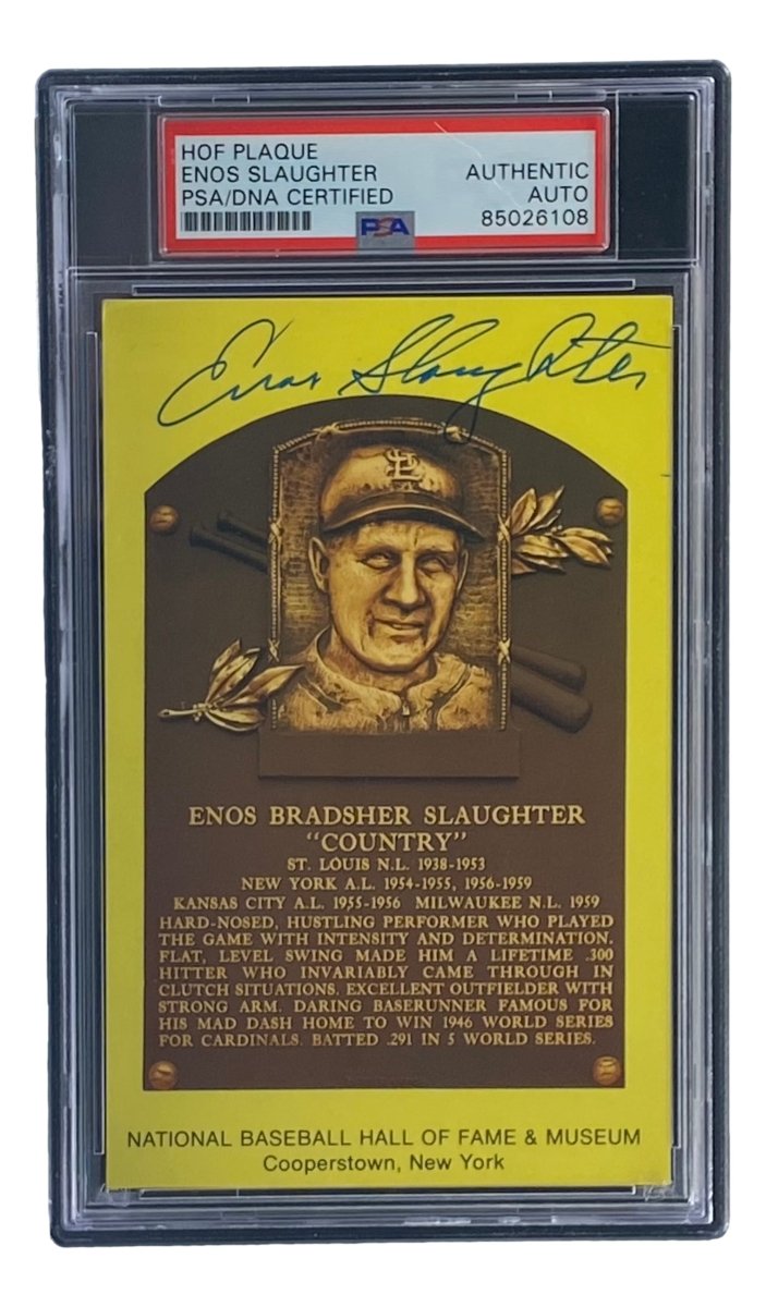 Authentic Enos Slaughter Signed 4x6 St. Louis Cardinals HOF Plaque Card with PSA/DNA Certification #85026108 - Perfect for Baseball Memorabilia Collectors & Cardinals Fans Display