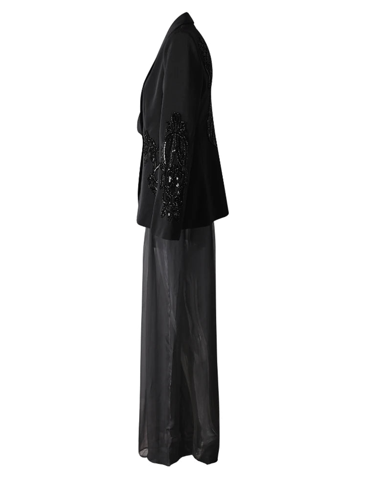 Women's Big Size Sequins Blazer & Mesh Long Pants Two-Piece Suit - Fashionable Lapel Long Sleeve Outfit for Spring/Autumn 2025 (35Z1664) | Perfect for Office Wear, Evening Parties & Special Occasions