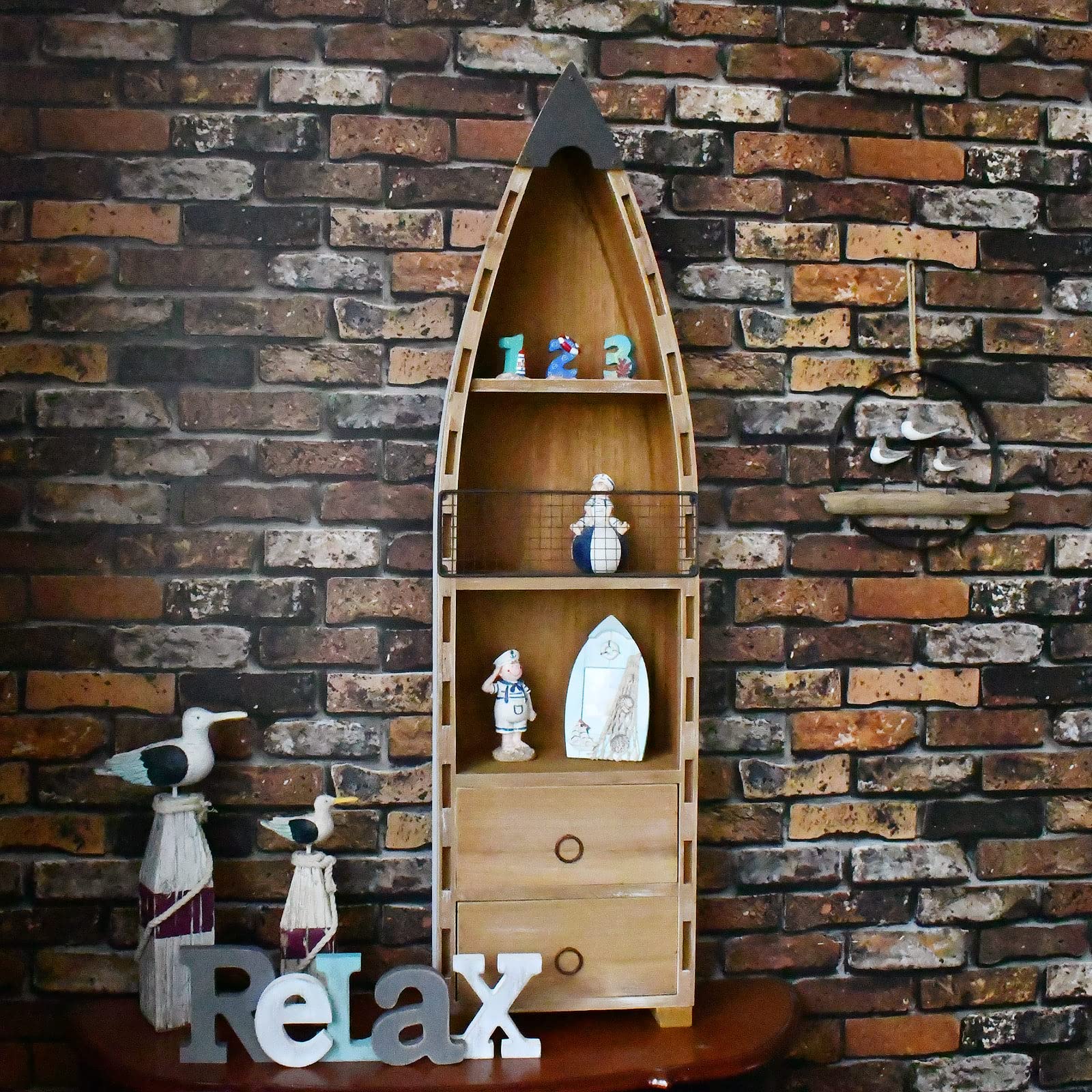Wooden Hanging Boat Shelf with Drawers - 3-Tier Nautical Wall Shelf for Living Room, Bathroom & Bedroom - Rustic Coastal Decor, Beach Themed Bookcase & Display Shelf - Perfect for Coastal Homes, Beach Houses and Nautical Themed Decor