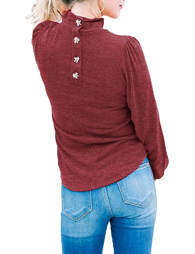 Women's Button Back Blouse with Balloon Sleeves - Loose Fit Casual O-Neck Top for Work, Workout & Everyday Wear
