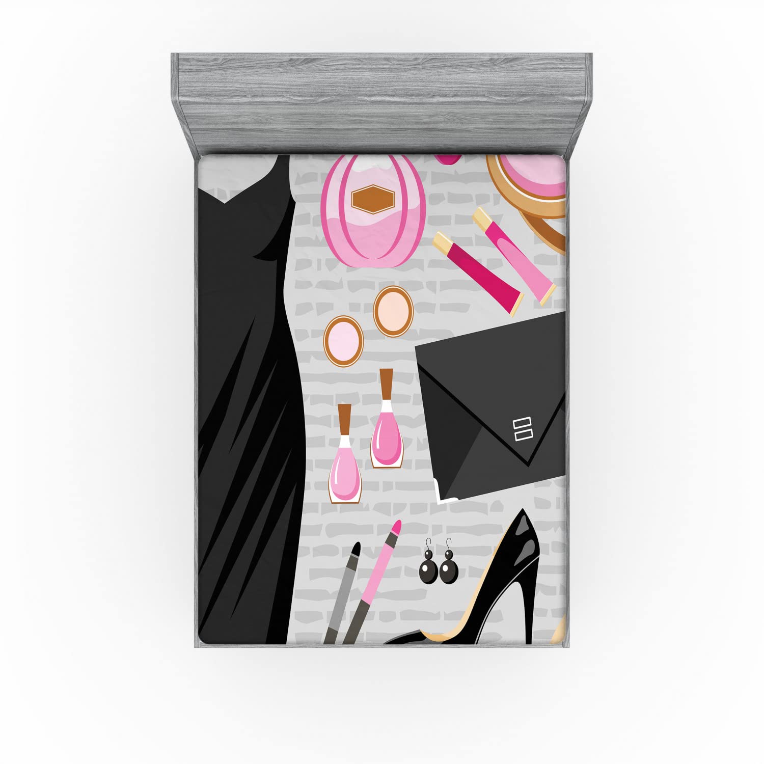 Ambesonne Queen Size Fitted Sheet with Deep Pockets - Black Cocktail Dress & Makeup Clutch Design - Soft Stretchable Bed Cover in Pale Brown & Pink | Perfect for Guest Rooms, Dorm Decor, and Luxury Bedding Sets