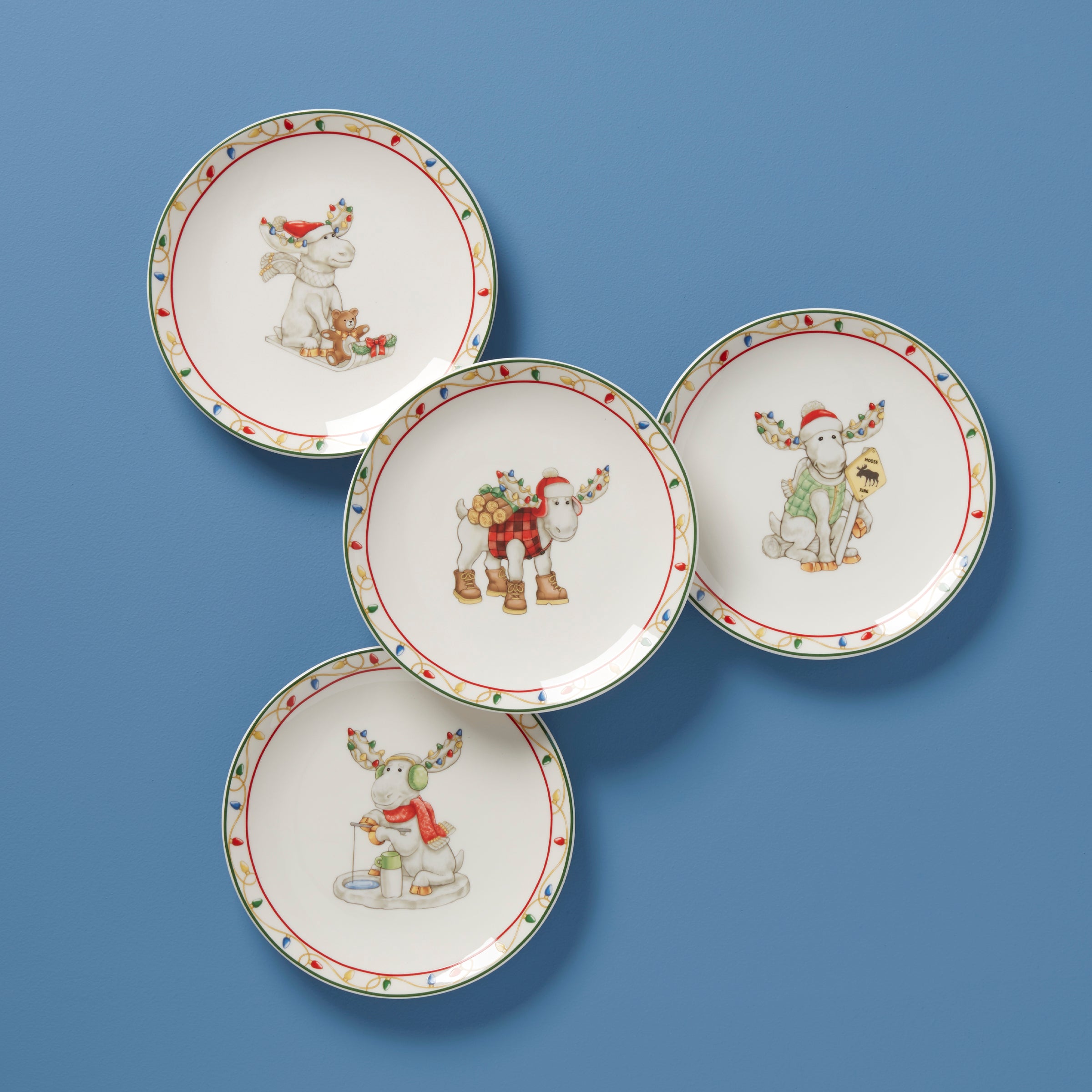 Merry Marcel Moose 4-Piece Dessert Plate Set - Elegant Porcelain Appetizer Plates for Holiday Parties, Christmas Dinner & Dessert Serving - Perfect for Festive Gatherings, Tea Time & Special Occasions