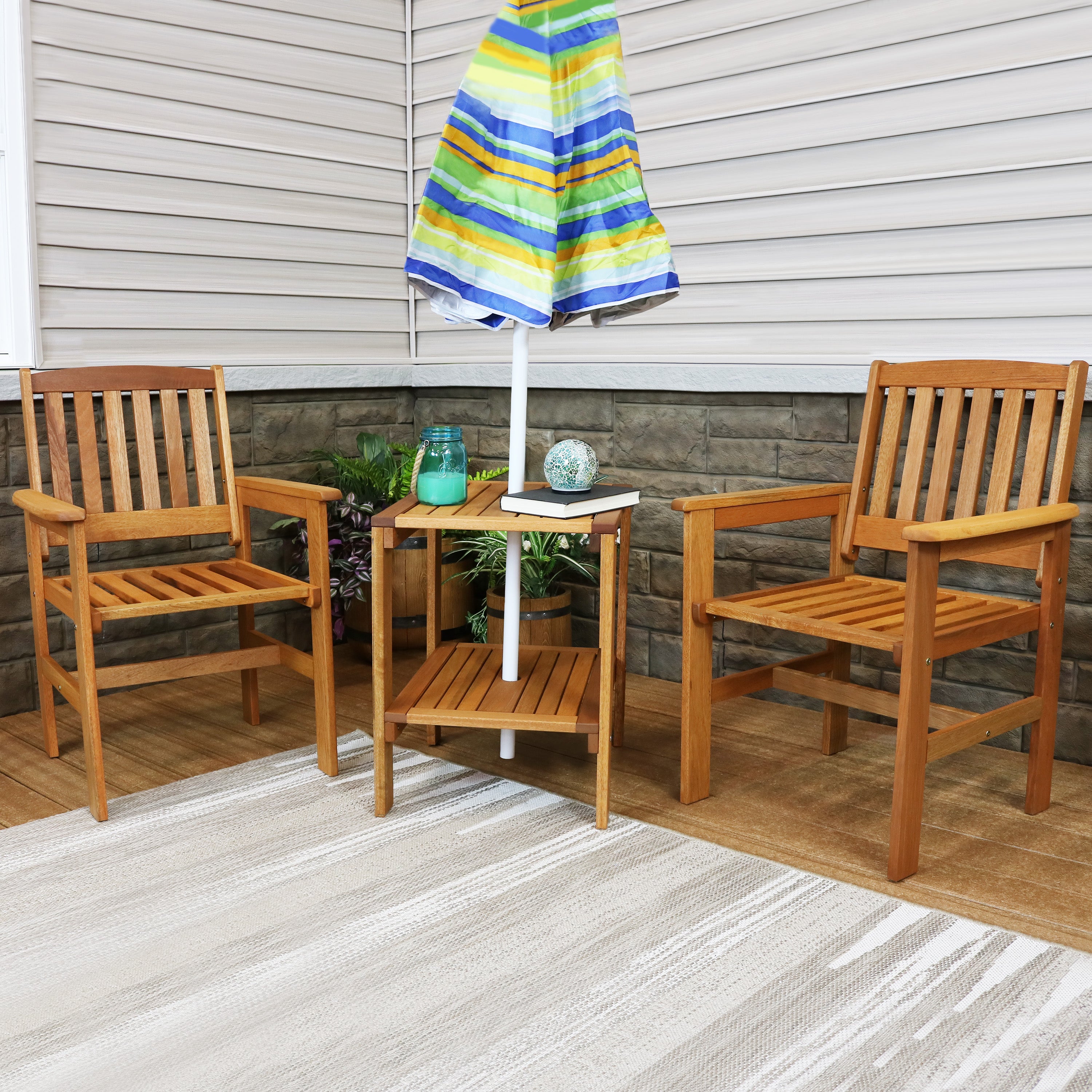 Sunnydaze Meranti Wood 3-Piece Outdoor Patio Conversation Set - Durable Garden Furniture for Backyard, Deck, or Poolside Relaxation