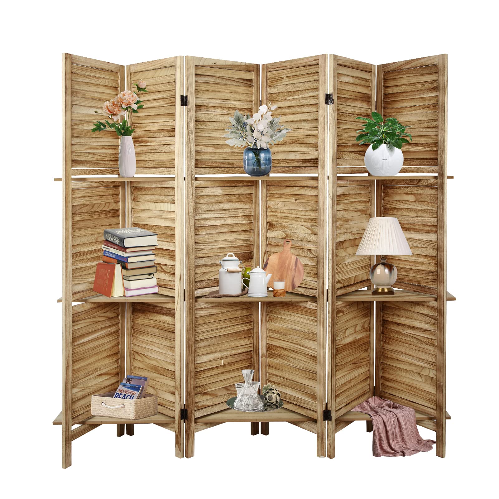 ECOMEX 6 Panel Wooden Room Divider with Shelves - 5.6Ft Tall Fully Assembled Folding Partition Screen for Bedroom, Office & Living Room - Natural Finish Privacy Wall Divider for Home Decor & Space Organization