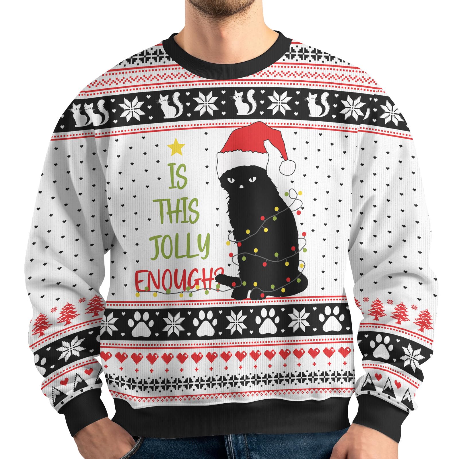 34HD Women's Cat Print Ugly Christmas Sweater - Long Sleeve Crewneck Cat Lover Gift for Holiday Parties & Festive Gatherings