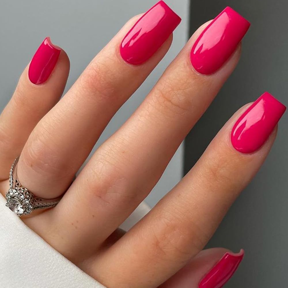Glamermaid Short Press on Nails - Handmade Hot Pink Fake Nails with Medium Square Shape & UV Jelly Finish | Reusable Acrylic False Nail Kit with Glue for Women | Perfect for Parties, Weddings & Everyday Wear