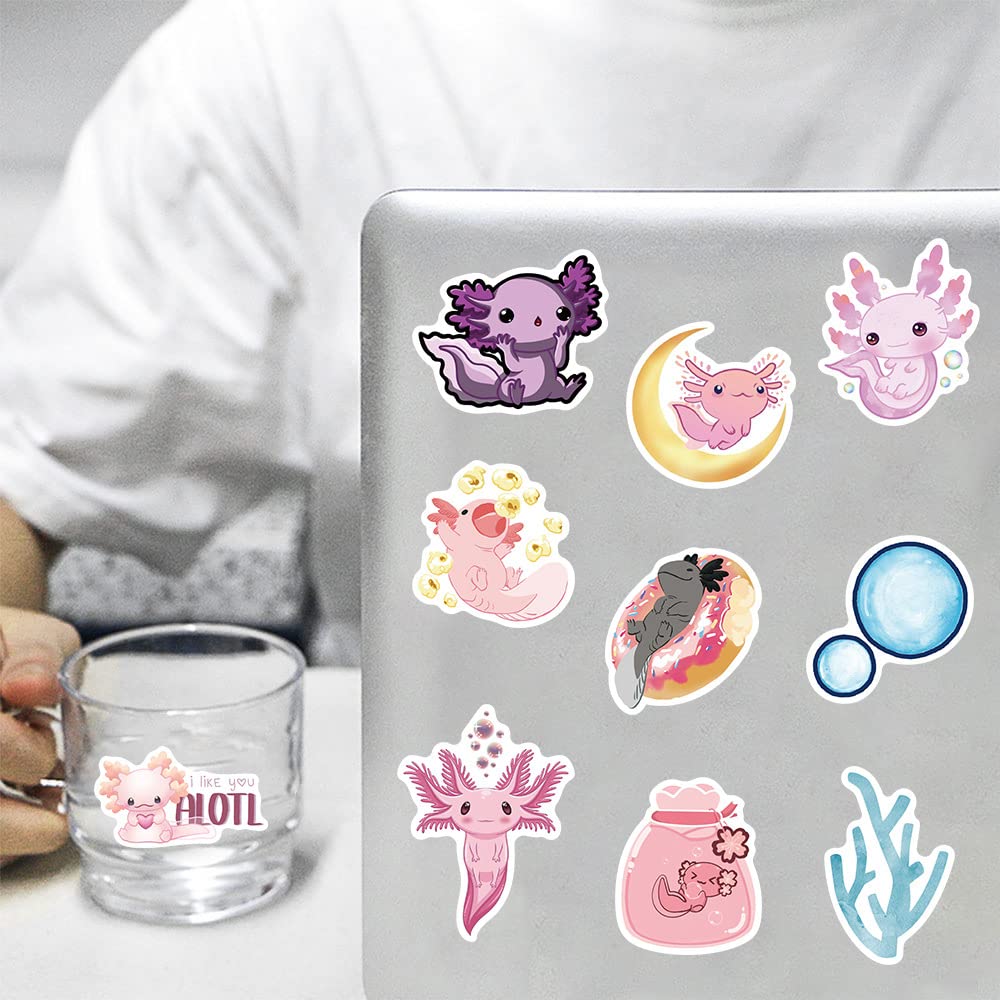 Cute Axolotl Stickers for Kids & Teens - 50PCS Waterproof Vinyl Stickers for Water Bottles, Laptops, Phones, Scrapbooks - Perfect for School, Party Supplies & DIY Crafts (Pink Animal Aesthetic)