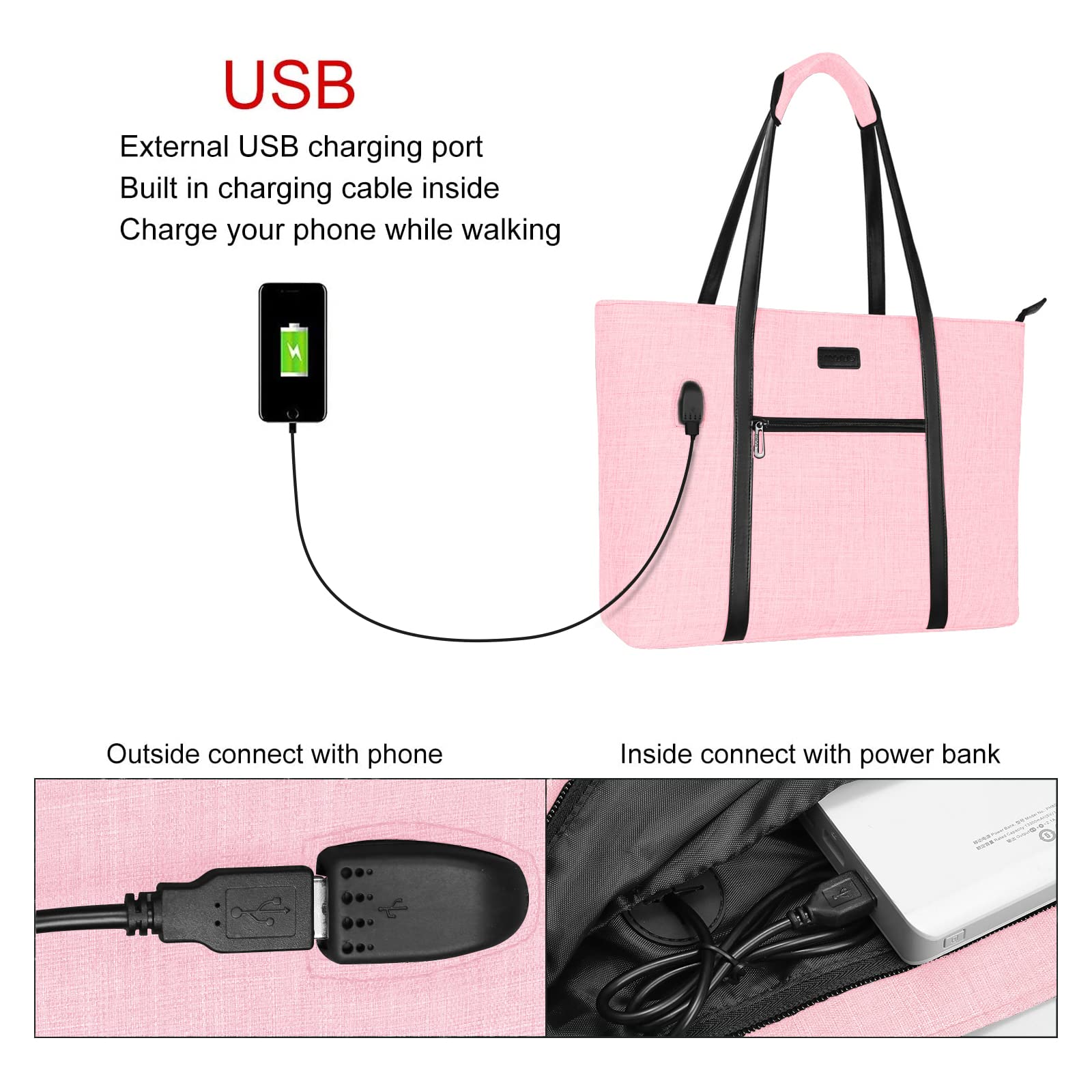 MOSISO 17-17.3 Inch Laptop Tote Bag for Women - USB Charging Port, Compatible with MacBook & Chromebook, Work Travel Business Computer Bag with Small Purse (Pink) - Perfect for Office, Commuting & Business Trips