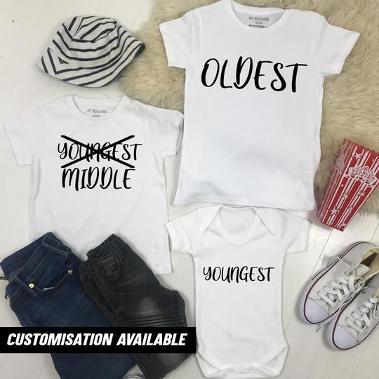 CLR New Sibling Matching T-Shirt Set - Oldest, Youngest & Middle Child White Cotton Shirts - Perfect for Family Photos, Sibling Bonding & Birth Order Gifts