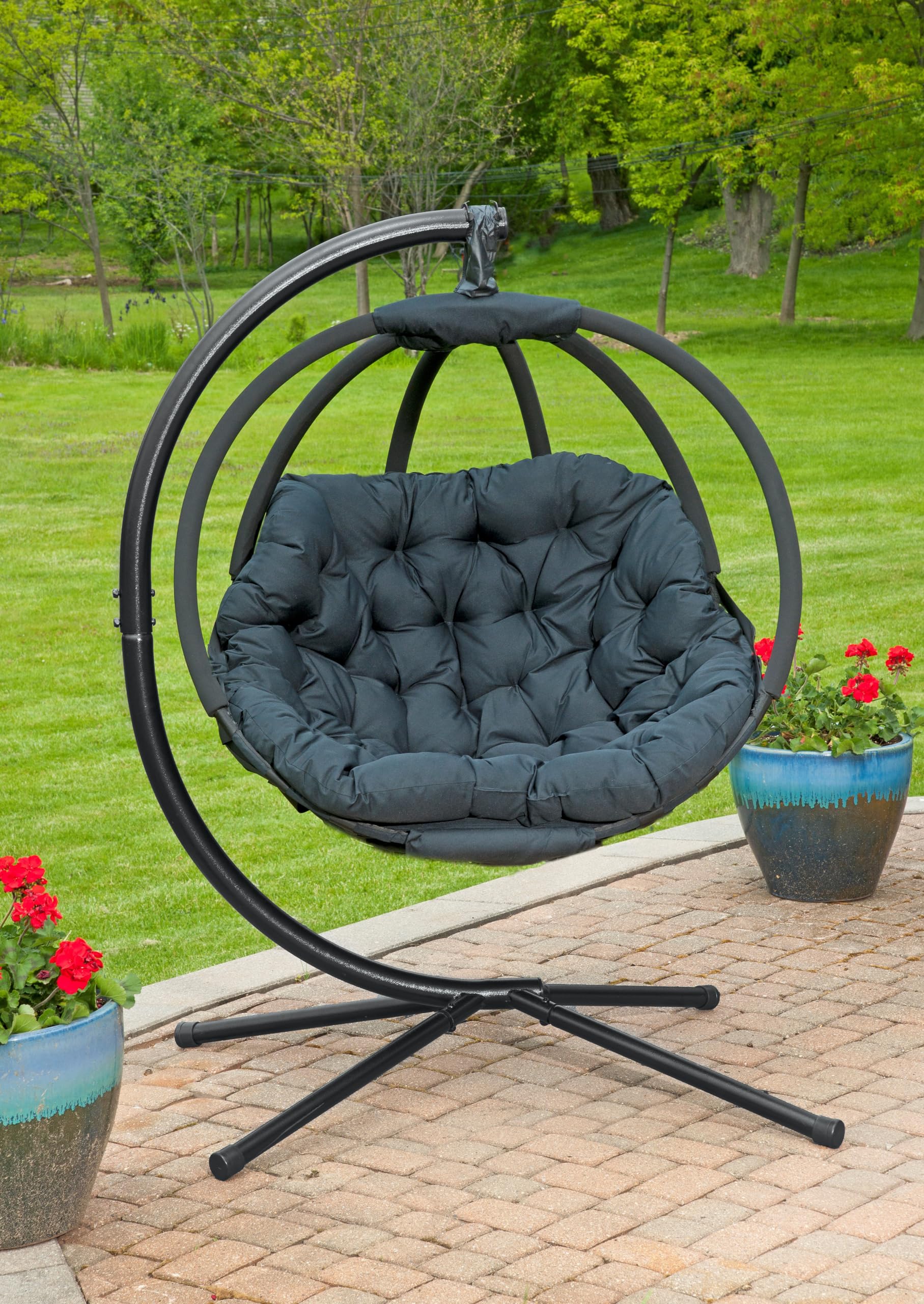 FlowerHouse Hanging Ball Chair with Stand - Black Overland Patio Swing Chair for Outdoor Garden, Balcony, or Backyard Relaxation