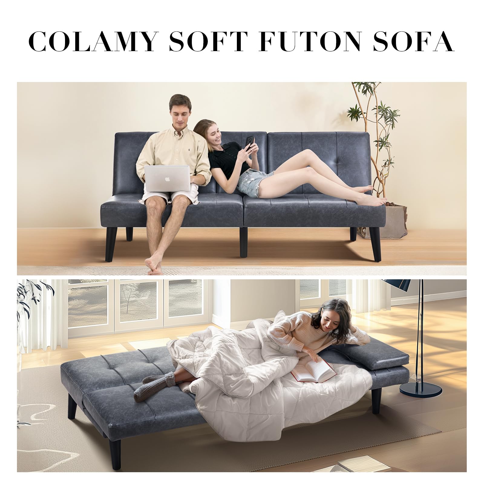 COLAMY Leather Futon Sofa Bed - Convertible Small Couch with Cup Holder, Removable Armrest & Adjustable Backrest - Dark Grey - Perfect for Small Spaces, Guest Rooms, Dorm Rooms and Home Offices