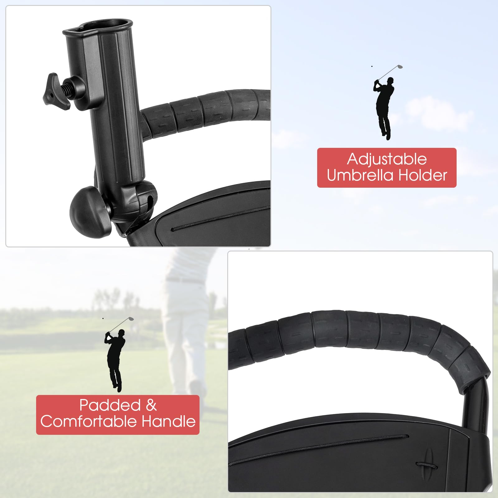 3 Wheel Folding Golf Push Cart - Lightweight Collapsible Golf Club Caddy with Foot Brake & Umbrella Holder - Adjustable 4-Position Handle (Black) | Perfect for Golf Course, Driving Range & Outdoor Practice