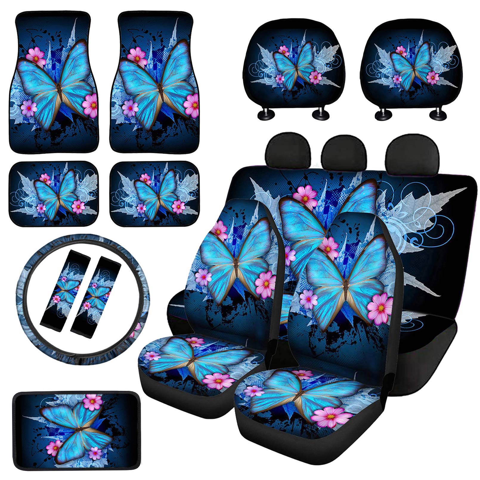 Babrukda 14-Piece Car Interior Accessories Set - Front & Rear Seat Covers, Steering Wheel Cover, Center Console Armrest, Seat Belt Pads, Floor Mats, Headrest Covers - Vintage Butterfly Maple Leaf Design for SUV, Sedan, Truck - Perfect for Road Trips & Daily Commute