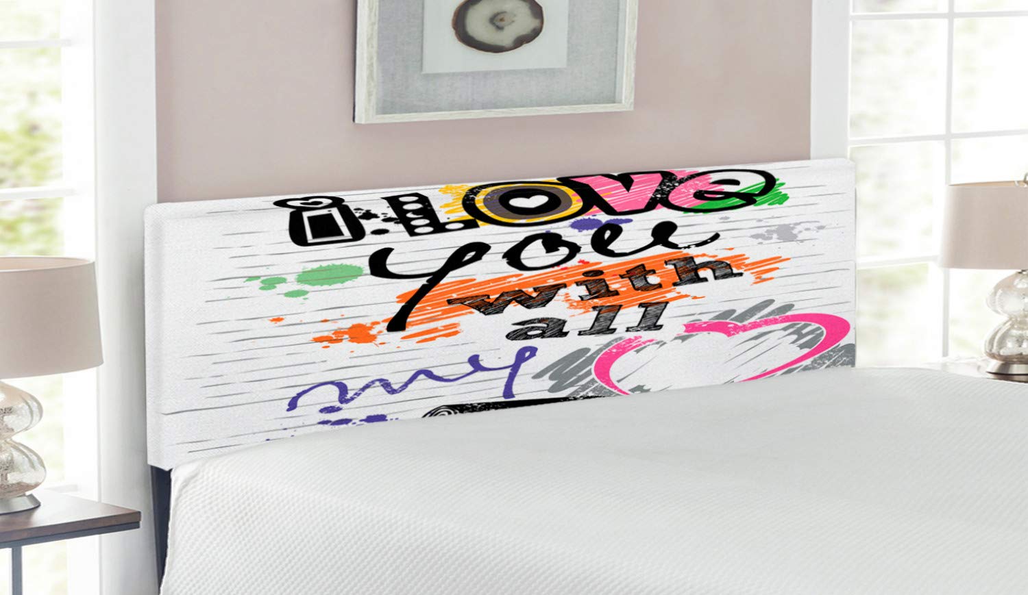 Ambesonne 'I Love You' Upholstered Metal Headboard with Memory Foam - Queen Size Multicolor Grunge Sketch Design for Couples Bedroom Decor | Romantic Gift for Anniversary & Valentine's Day
