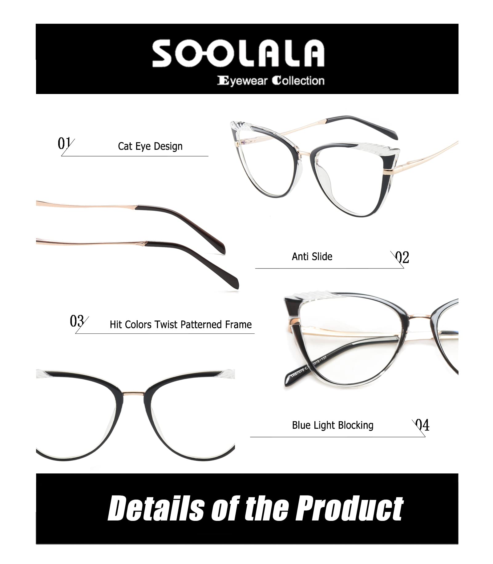 SOOLALA Women's Blue Light Blocking Glasses TR90 Lightweight Spring Hinged Cat Eye Reading Glasses for Computer Work & Reading
