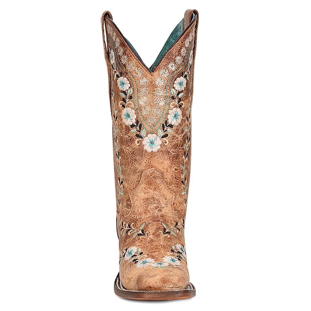 **Women's Distressed Glow-in-the-Dark Floral Embroidered Square Toe Cowboy Boots – Mid Calf, Low Heel (1-2