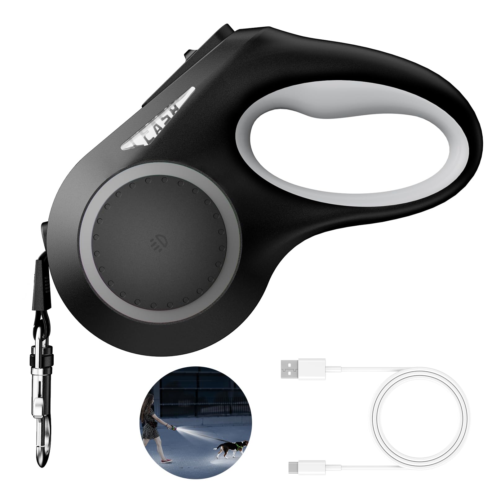 MAXLAPTER 16ft Retractable Dog Leash for Small & Medium Dogs Up to 45lbs - LED Light, Rechargeable, Tangle-Free Nylon Tape with Anti-Slip Handle (Black) - Perfect for Night Walks, Jogging & Outdoor Adventures