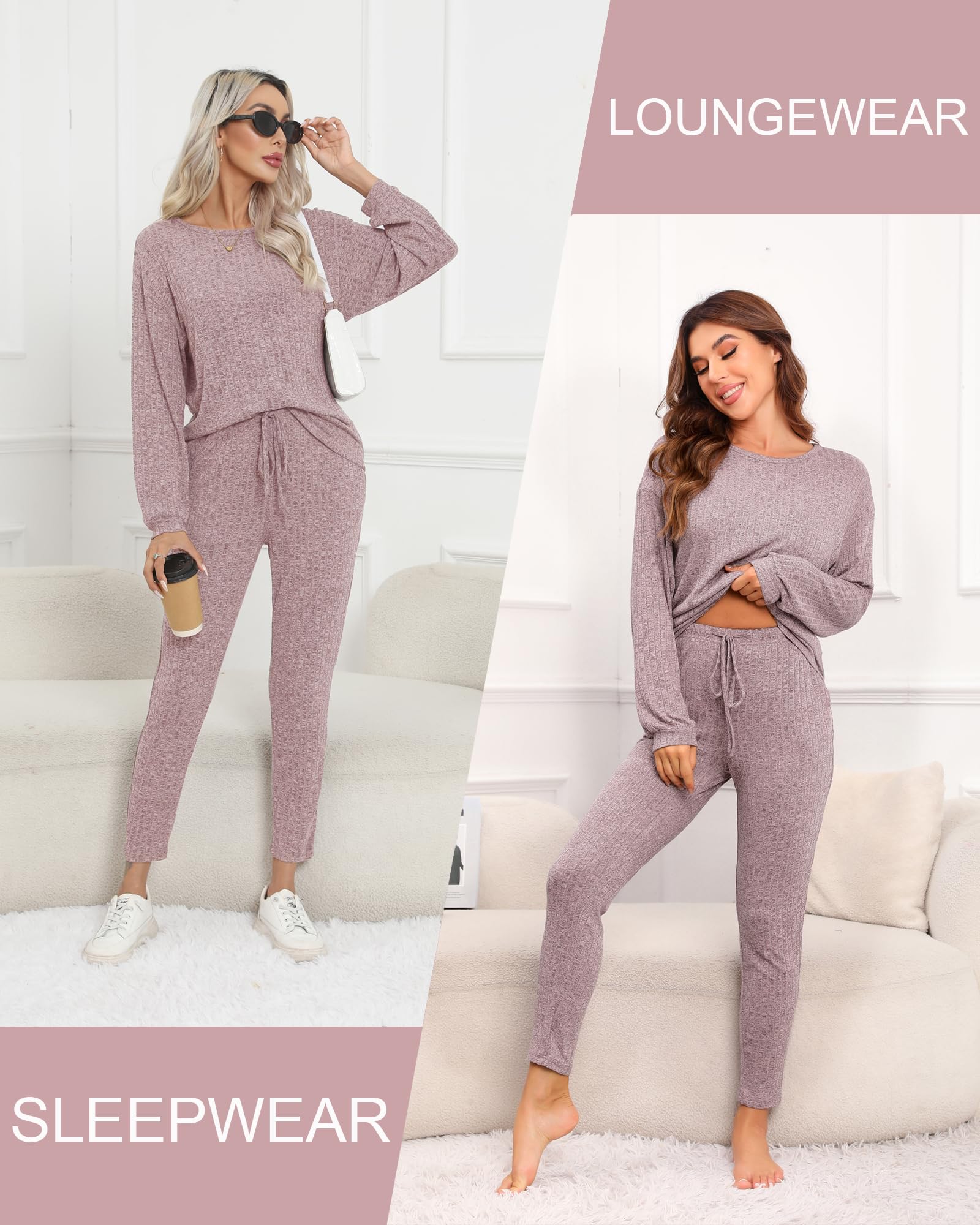 Difficort Women's Long Sleeve Pajama Set - Soft Ribbed Knit Sleepwear & Lounge Wear with Pockets - Cozy Winter Nightwear for Home Relaxation & Sleep